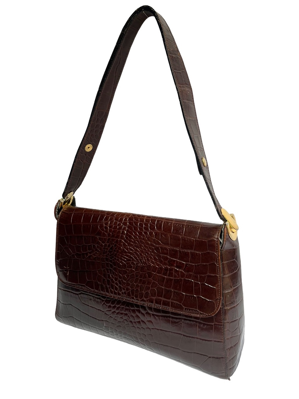 Vintage 90s Italian Leather Croc Shoulder Bag Brown Made in Italy